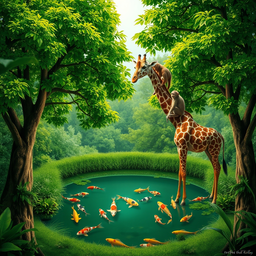یک منظره که دو طرف درخت سر سبز با یک حوض در وسط که از داخل آن ماهی در حال پرس هست و یک زرافه در حال خوردن برگ هست که یک میمون رو کمر آن نشسته 12