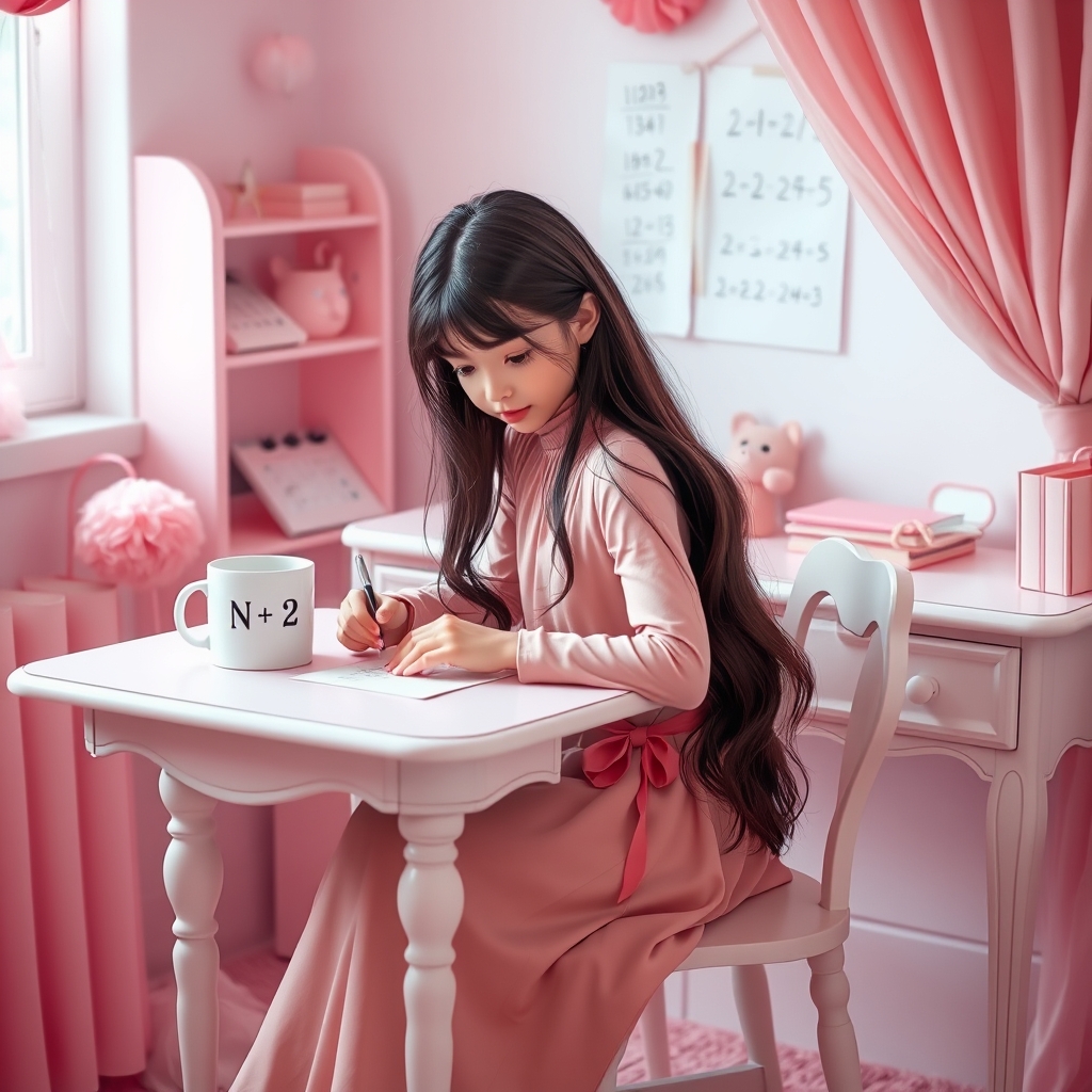 یک دختر زیبا با موهای مشکی بلند که داره پشت میز تحریر زیبایش ریاضی حل میکنه و پیرهن گلبهی دارد و روی لیوان سفیدی که روی میز تحریر اش است نوشتهN او در یک اتاق تمام صورتی است.23