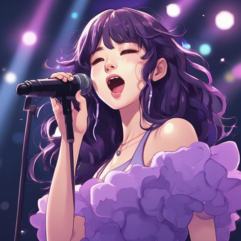 دختر کره ای که یک میکروفن دستش هست و داره تو کنسرتش آواز می خونه و یک لباس پف پفی بنفش هم به تن دارد6