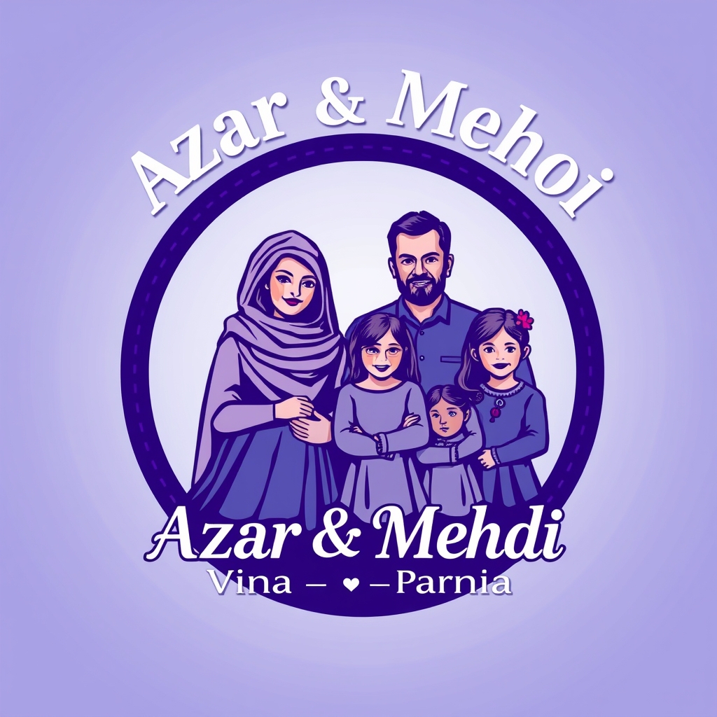 لوگو به اسم آذر و مهدی بزرگ باشه و زیر این اسم ویانا و پرنیا کوچک نوشته شده باشه که کنارش خانواده چهار نفره پدر و مادر ۴۴ ساله و دو خواهر یکی ۸ ساله و یکی ۱۲ ساله باشه با تم آبی و بنفش زیبا 19