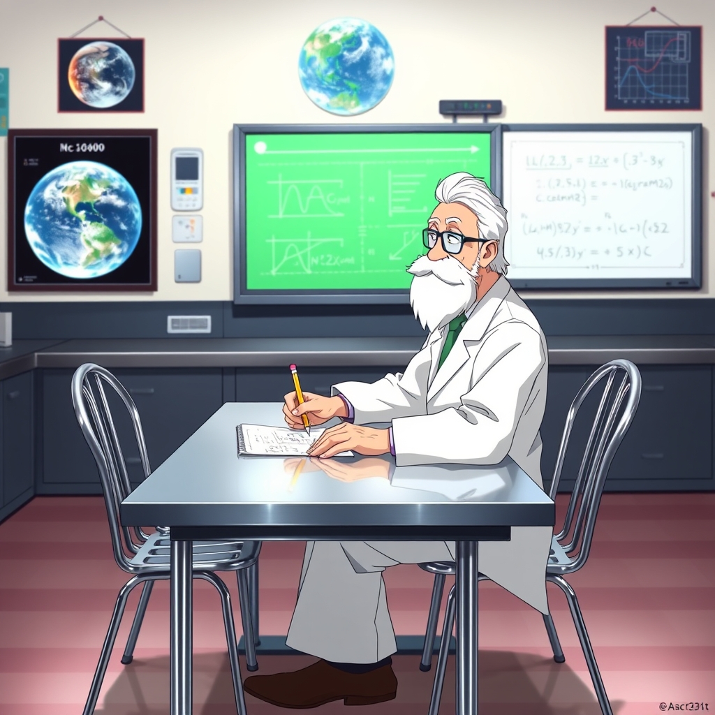 یه میز فلزی با دو صندلی فلزی در دو طرفش در آزمایشگاه
توصیف آزمایشگاه: وایب علمی ، تخته ای هوشمند به دیوار آزمایشگاه چسبیده و تصاویر کره زمین و معادلات ریاضی روی این تخته هستند
پروفسوری در صندلی سمت راست رو به روی میز نشسته است
توصیف پروفسور: دارای موهایی کم پشت سفید و عینکی پروفسوری روی چشمانش دارد و دارای ریش سفید پروفسوری و ، روپوش و شلوار سفید آزمایشگاهی بر تن دارد و مداد و کاغذی در دستانش است که روی میز در حال حل معادلات ریاضی است22