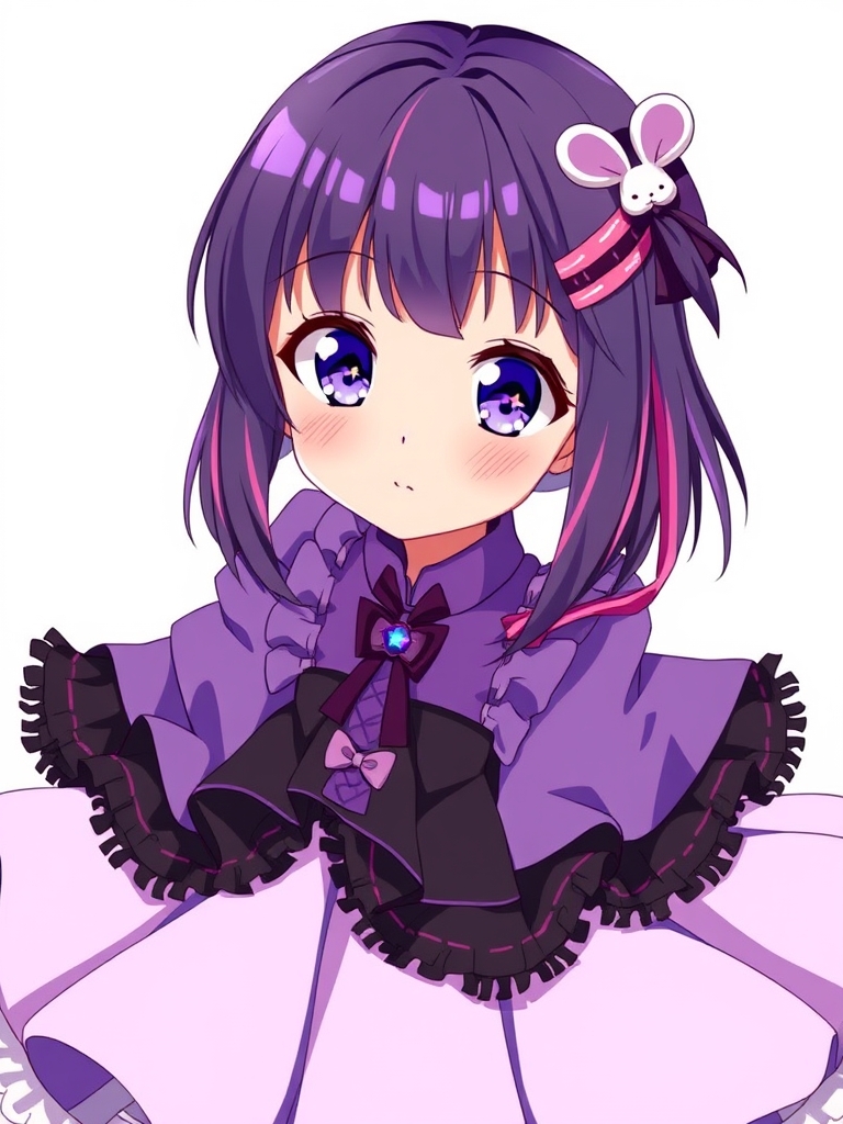 عکس یه دختر 12 ساله که موهاش بنفش تیره هست و بخش هایی از موهاش صورتی. اون لباس پفی خیلی قشنگ به رنگ های بنفش،مشکی و سفید پوشیده . چشماش مثل کهکشان زیبا هست و توی هر دو چشمش یه ستاره دیده میشه . رنگ چشماش بنفشه و یه گیره خرگوشی روی موهاش هست3