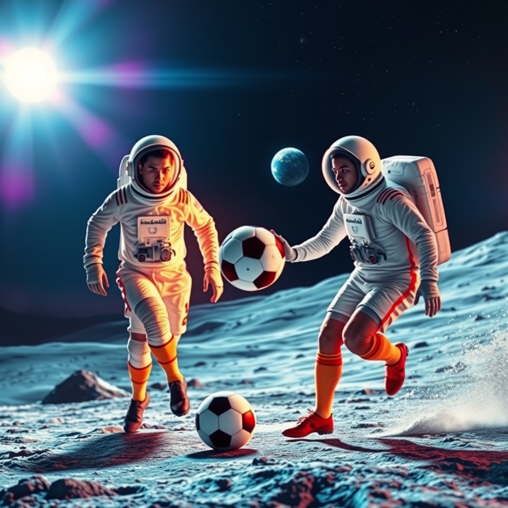 عکس رونالدو و صوفیان رحیمی درحال فوتبال بازی کردن در ماه ، کلاه فضانوردی و لباس فضانوردی داشته باشند1