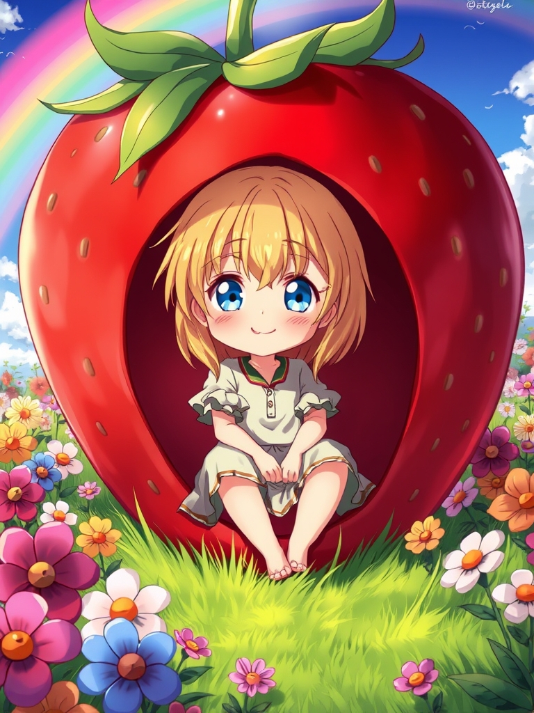 عکسی از یک دختر کیوت خیلی کوچولو که توی یک توت فرنگی بزرگیست و صورتش نمایان است پاها و دست هایش از توت فرنگی بیرون است و موهای کیوت طلایی و چشمهای آبی اش خیلی ناز هست و توی یک باغ پر از گلهای رنگارنگ روی چمن ها نشسته است و درآسمان رنگین کمان میدرخشد.20
