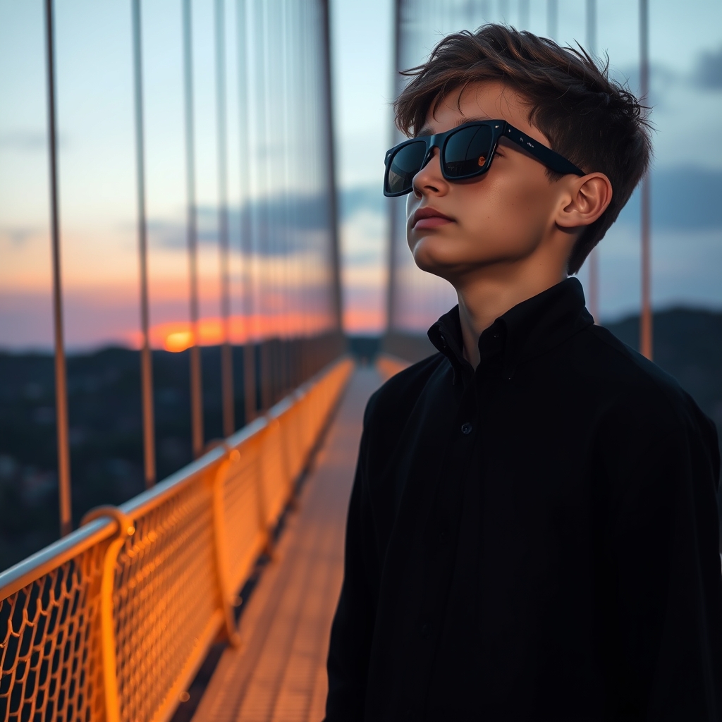 پسری قد بلند سیاه پوش با عینک دودی روی یک پل معلق به غروب خیره شده اشک میریزد1