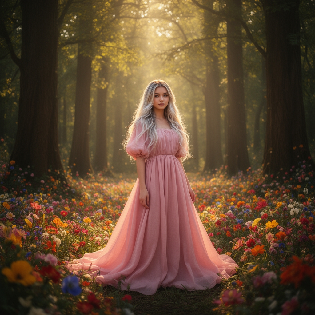 دختری۱۹ ساله خیلی زیبا بالباس صورتی ملایم بلند پفدار موهای طلایی سفید درجنگل قصری خیلی خیلی بزرگ زیبا پر ازگل درخت 0