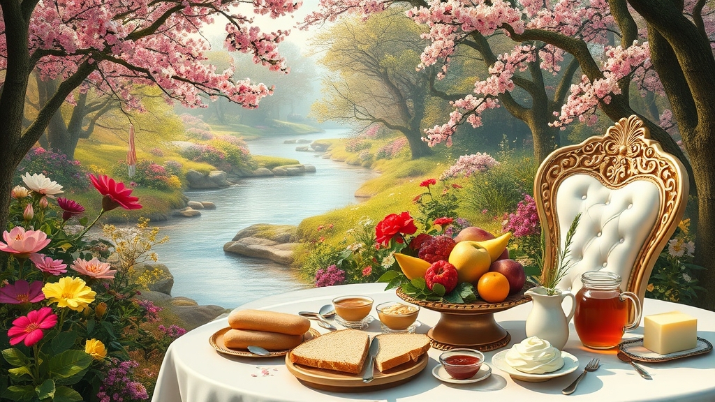 باغ افسانه ای پر از گل های نایاب و درختان پرشکوفه رودی جاری و میز مجلل صبحانه و کاناپه سفید طلایی سلطنتی میز پر میوه نان کره خامه عسل مربا شیر   0