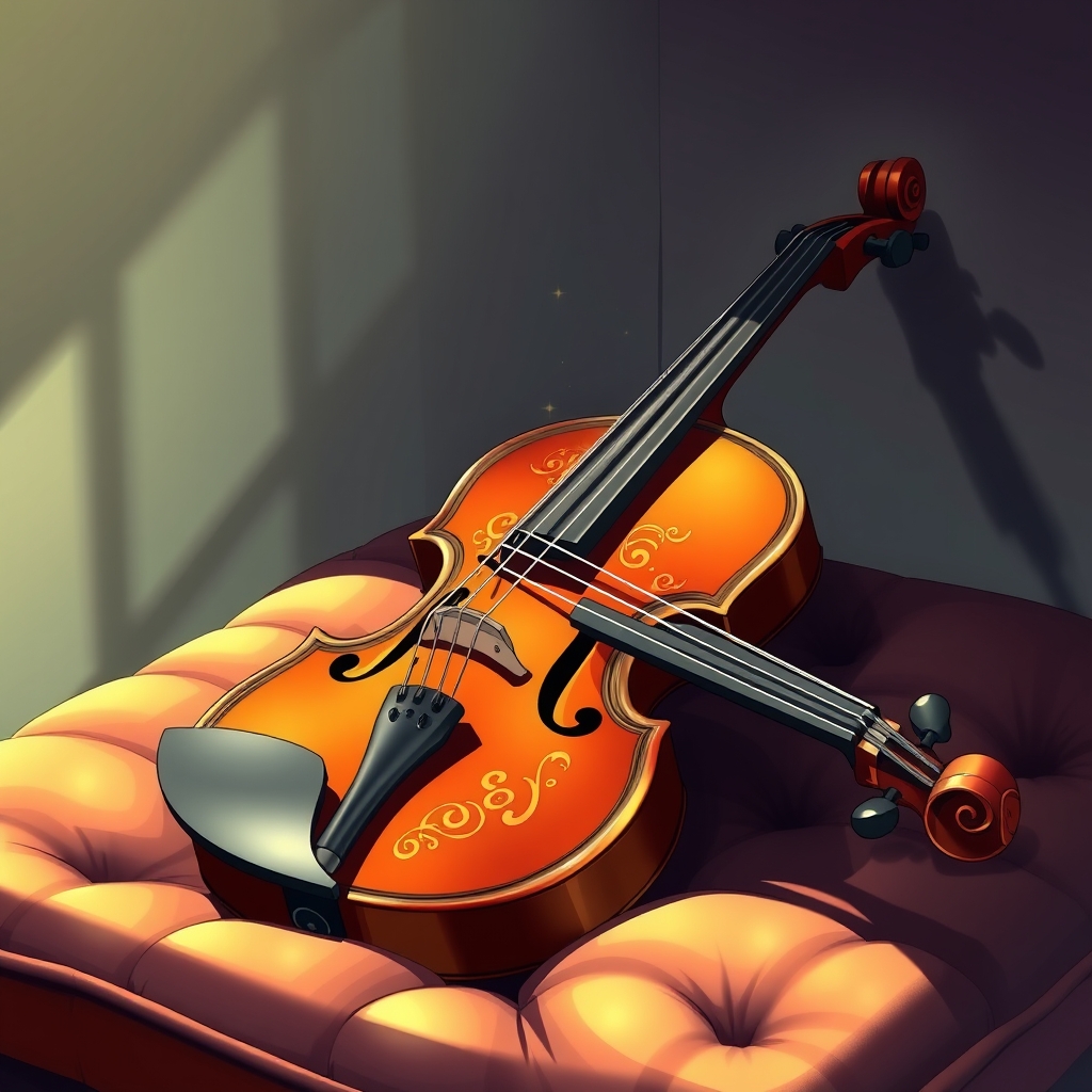 یک ویولن عتیقه با حکاکی‌های طلایی، قرار گرفته روی یک بالشت مخملی زیر نور نرم.11