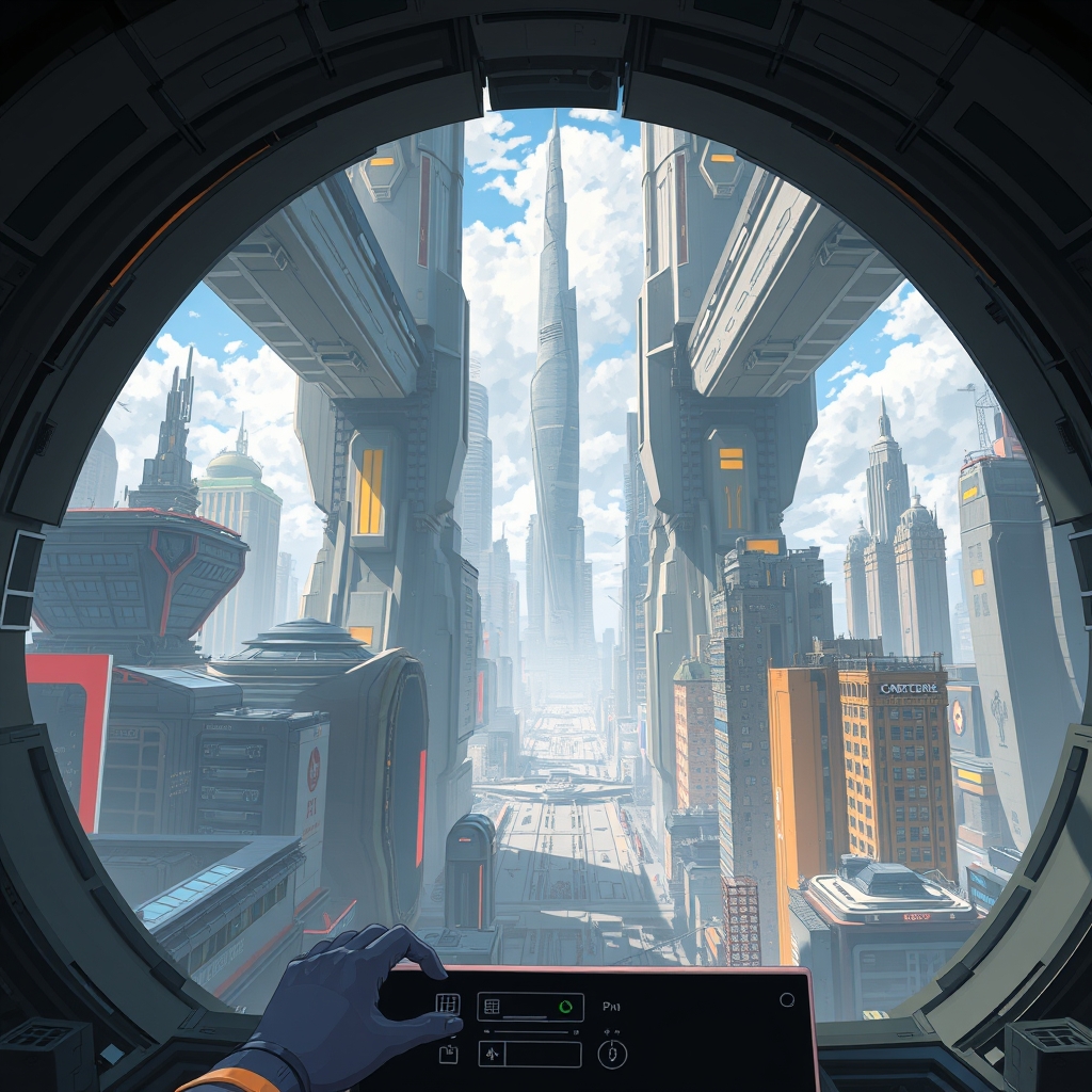 چشمانداز یک شهر آیندهنگر از دید یک هنرمند اندرویدی که آن را نقاشی میکند.1