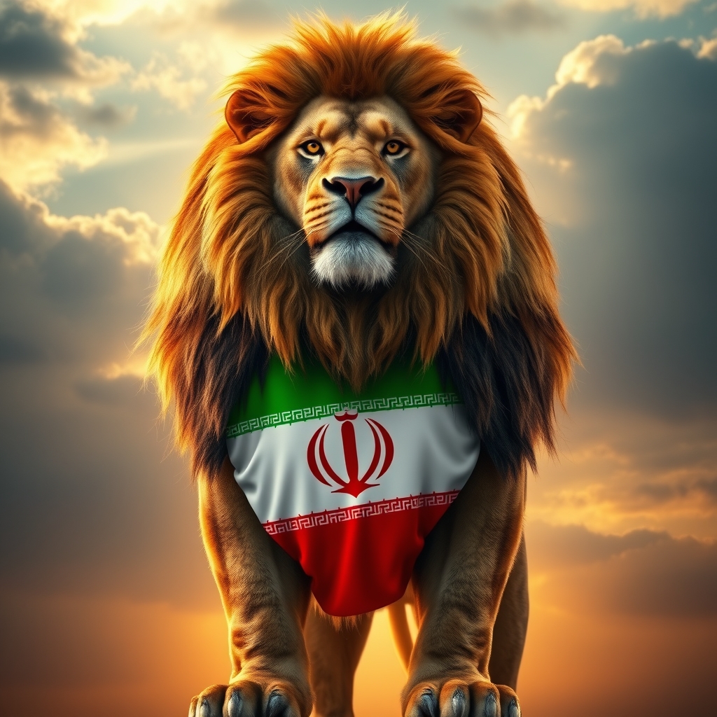یک شیر عظلانی وقدرتمند با پرچم ایران روی سینه اش0