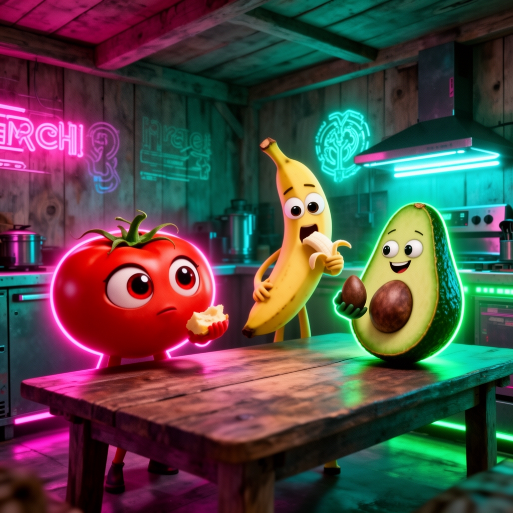 عکس یک گوجه که داره با چشمای درشت به دوربین نگاه میکند و کنار میز ایستاده و دارد گوجه خورد می کند و یک موز هم به دوربین نگاه میکند با چشم ها درشت و دارد موز میخورد که در یک خانه چوبی زندگی میکنند و در اشپز خانه اند و یک اواکادو که هسته اواکادو در دست دارد انجا هستند و اواکادو دارد به هسته نگاه میکند2