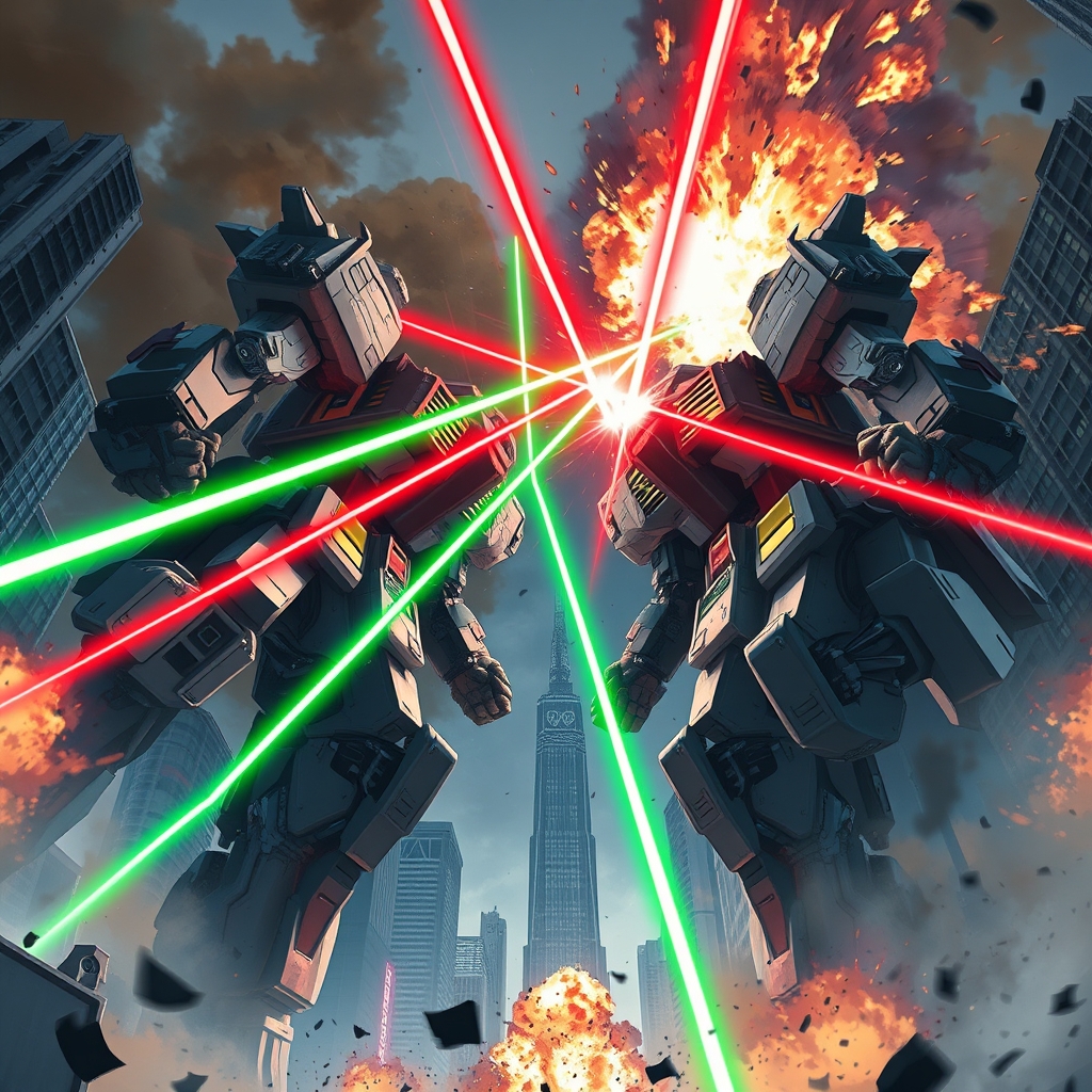 Battle of two giant robots in the middle of an anime city, explosions and green and red lasers, building debris, low angle view.1