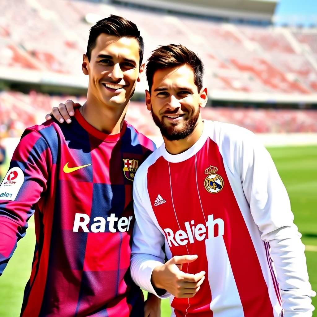رونالدو که لباس بارسلونا تنشه و مسی که لباس رئال مادرید تنشه و دارن باهم سلفی میگیرن13