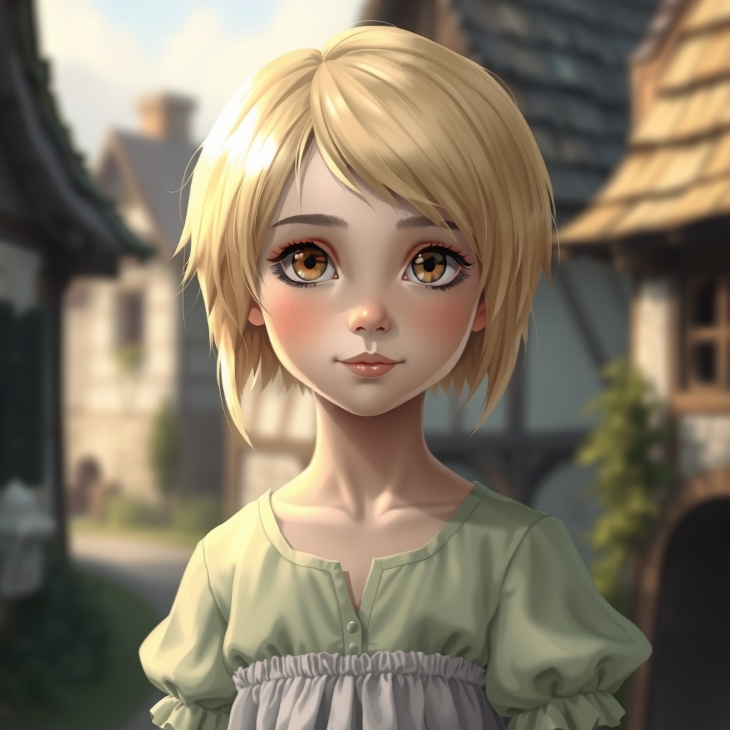 یه دختر با موهای کوتاه بلوند و بلوز سبز پاستیلی و یه دامن کوتاه سفید ، چهره زیبا، رنگ چشم ها عسلی
داره لبخند کمرنگی میزنه. پوست سفید.
پشت سرش هم یه دهکده است ولی زیاد مشخص نیست و فقط رو دختر زوم کن. 
سن دختر ۱۶ سال.17