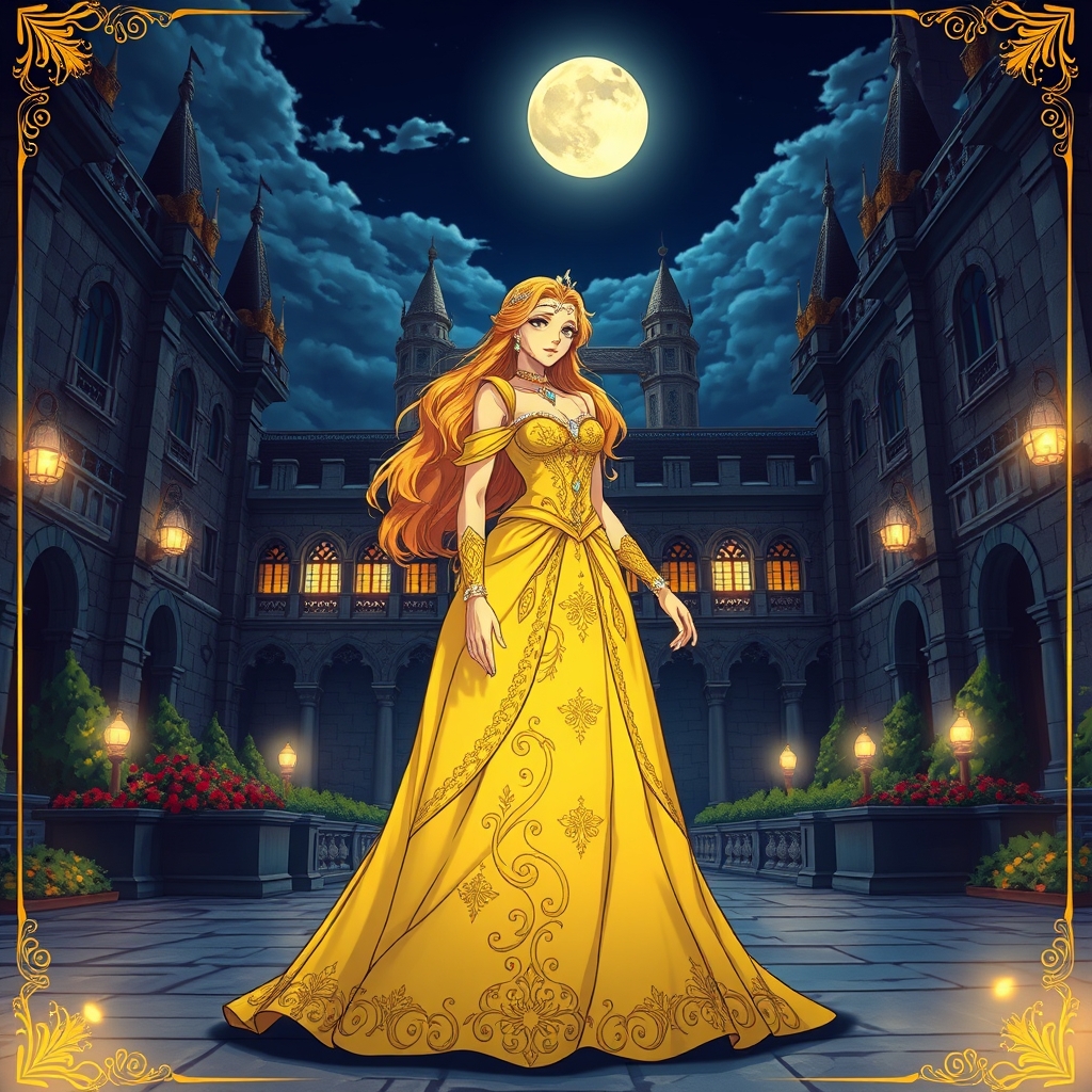 تصویری از یک ملکه با پیراهن زرد با موهای طلایی و چشمان طلایی با جواهرات روی لباس و دست و گردن در شب مهتابی در قصری زیبا3