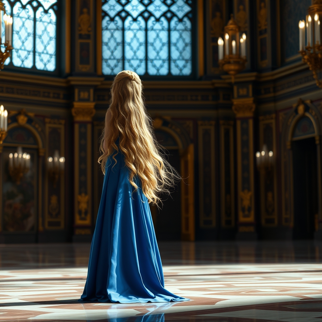 دختری با لباس آبی اشرافی بلند موهای زیبابلندطلایی در قصری بزرگ 19