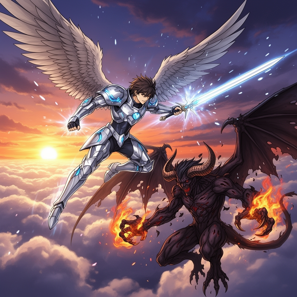 یک مرد بال دار که روی هوا با یک شیطان میجنگه5