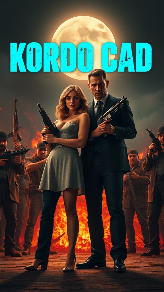 یک مرد و یک زن عاشق در کنار هم با استایل مافیای و اسلحه به دست با فضایی بسیار کلاسیک و چند نوچه مرد و زن اسلحه دار  و بالای تصویر متن KORDO CAD روی متن آتش به رنگ آبی و ماه در آسمان میدرخشد23