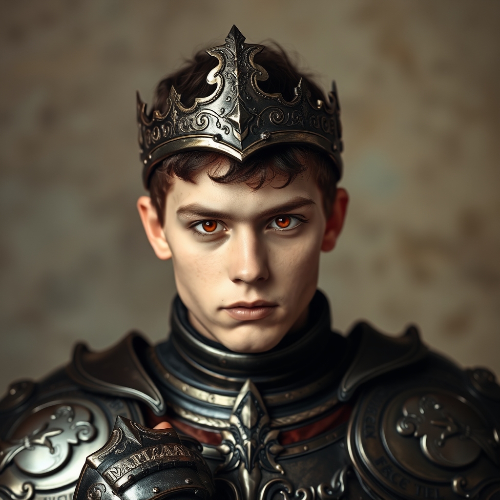 یک پسر که یک زره ی سلطنتی در قرون وسطی پوشیده است و دو چشم قرمز دارد و روبه دوربین آورده 16