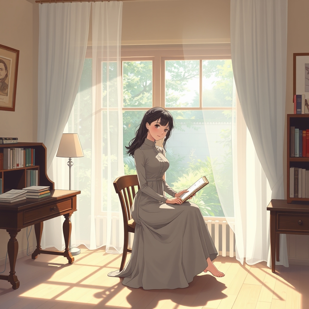 یک اتاق مطالعه زیبا که پرده اش تکان میخورد و نور خورشید به داخل اتاق افتاده.1