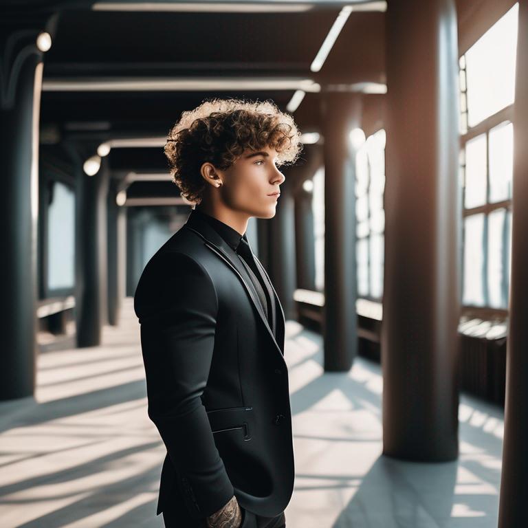 پسری با بدنی هیکلی با کت و شلوار سیاه و موهای فر و کوتاه  با تتو  و با چهره ای کشیده و زیبا  در ساختمانی شیک 18