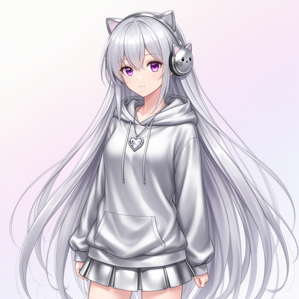 دختری با موهای یاسی بسیار بلند و دامن یاسی و هودی یاسی با چشمان بنفش و یک هدفون گربه ای یاسی روی گوشش با گردنبند نگین یاسی به شکل قلب 
2