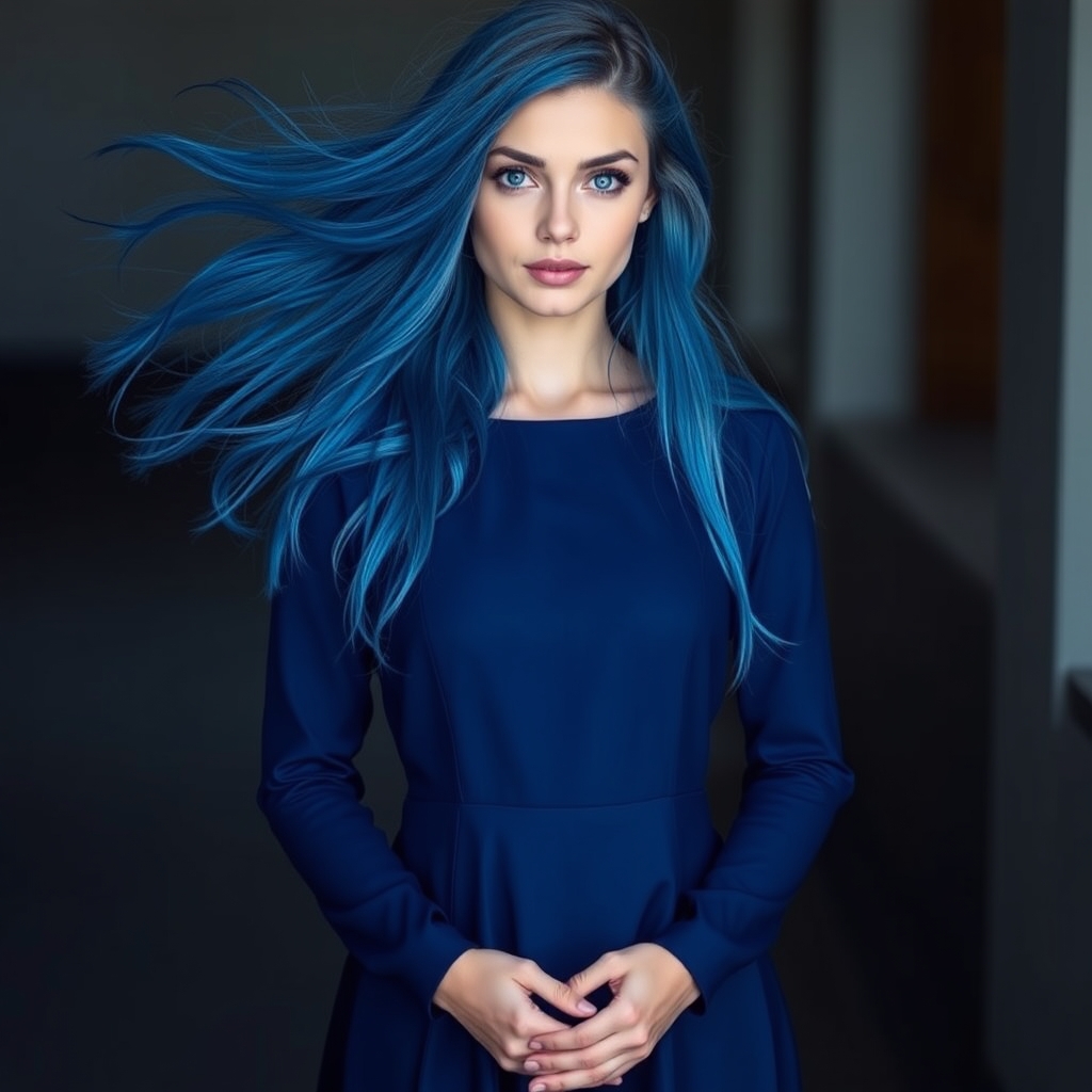 یک دختر با لباس مجلسی آبی چشم ابی مو های ابی 0