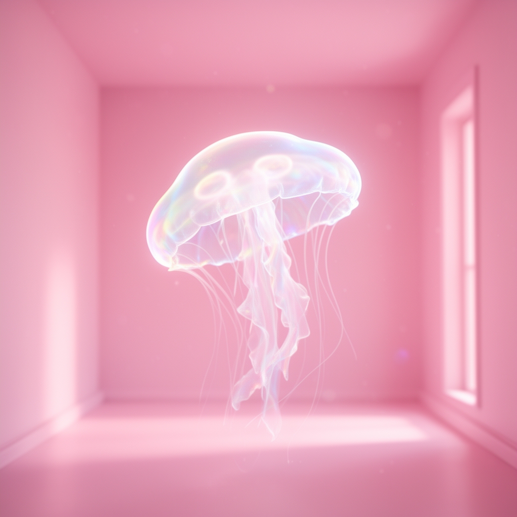 یک عروس دریایی زیبا شفاف شناور در هوا، که به نرمی در یک اتاق روشن صورتی می‌درخشد.3