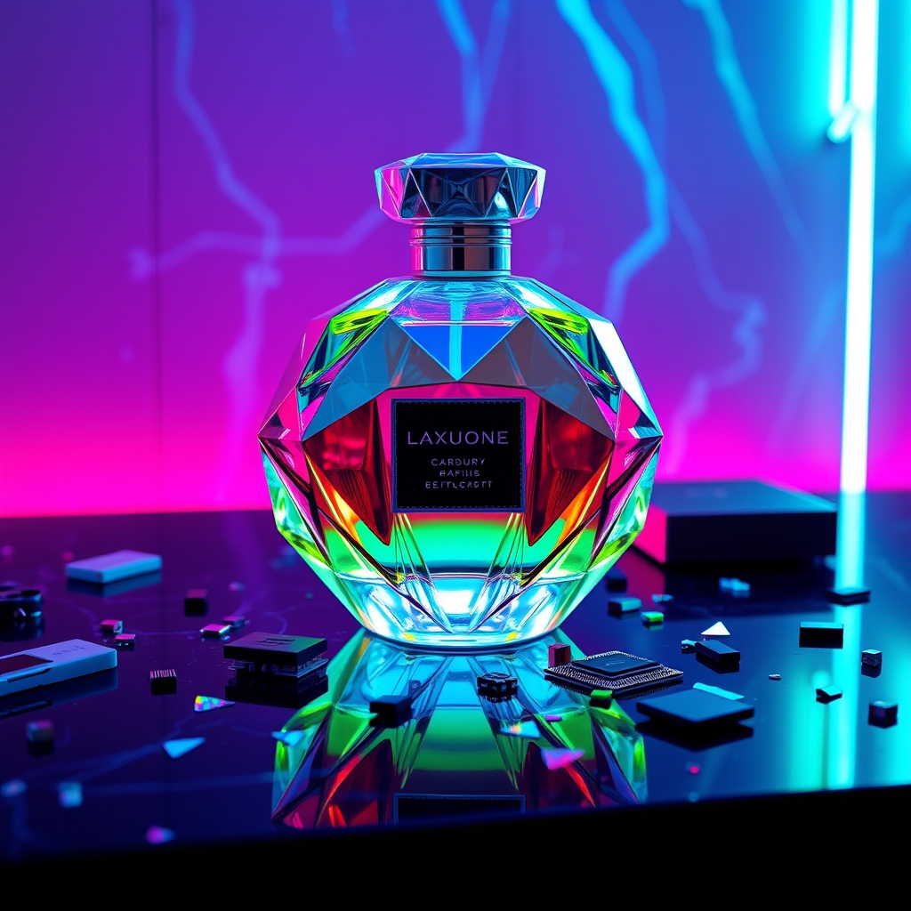 یک شیشه عطر لوکس به شکل الماس، قرارگرفته روی یک پیشخوان مرمر.21