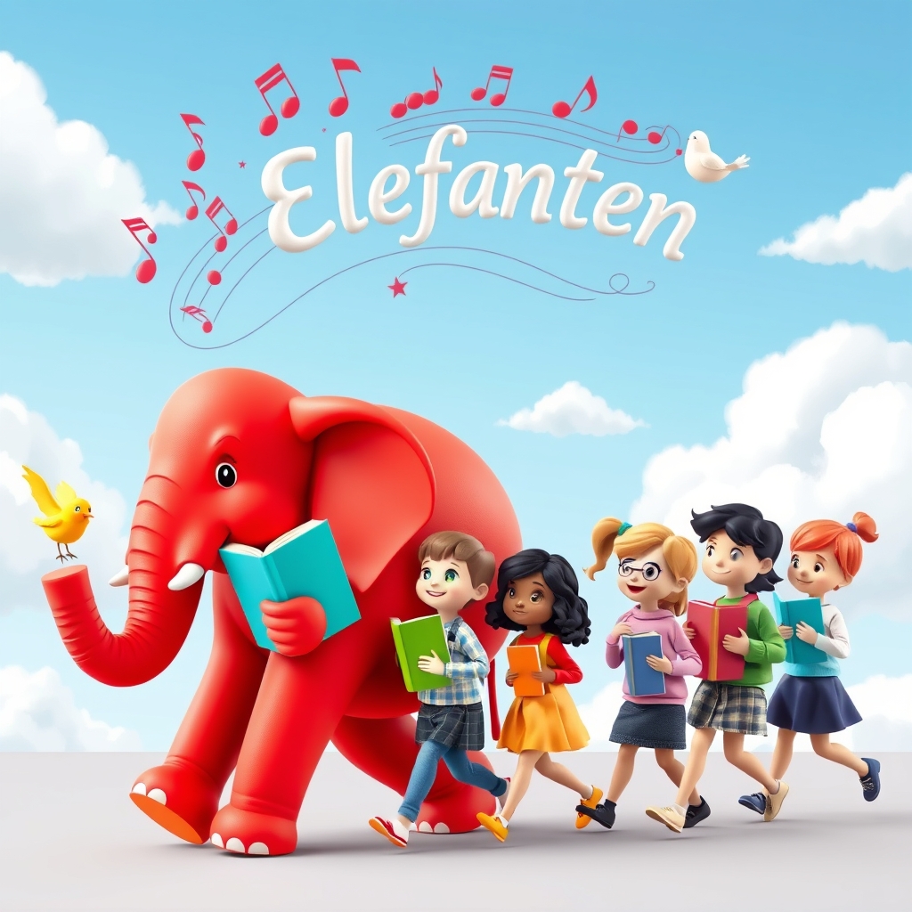 The image is a colorful illustration featuring a large red elephant walking with a group of children and a bird. The elephant is holding a book, and various children are carrying books as well. The text above the elephant includes musical notes and the word \"Elefanten.\" The overall scene suggests a cheerful and educational atmosphere.3