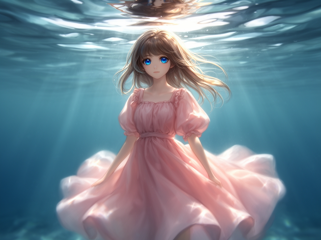 یه دختر که چشماش آبی باشه و لباس پف دار صورتی داشته باشه داخل آب باشد3