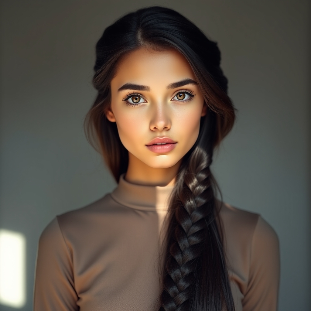 دختری با چشمان و لب های هلویی و دماغ ظریف ابروی مشکی و کشیده که لباسی ساده بر تن دارد و موهایش تا پایین پاهایش می رسد و بافته است 0
