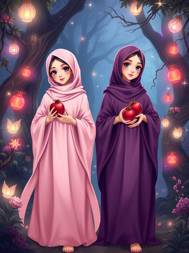 دو دختر چادری زیبا که هردو انار در دست دارند یکی روسری صورتی و یکی روسری بنفش2