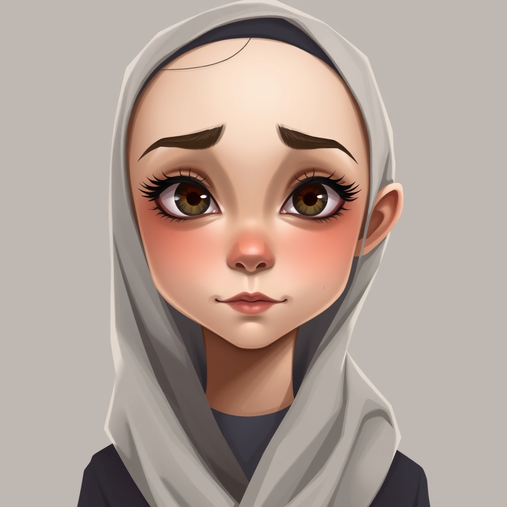 یک دختر باحجاب با اندامی لاغر و پوستی سفید،کوتاه قد چشم های قهوه ای تیره و مژه های بلند و ابروهای کشیده زیر چشم هایش تیره و گود رفته و لب هایی ترک خورده و نازک و لبخندی کم جان 0