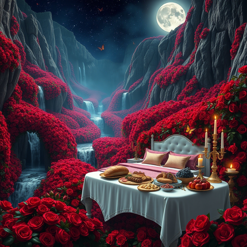 شب مهتابی پر از ستاره 
باغ گل رز سرخ افسانه ای در دل صخره های کوهستانی پوشیده از گل سرخ با در و دیوار و زمین پر از گل سرخ همه جا سرتاپای باغ با رز سرخ پوشیده شده 
هزاران آبشار جاری اند
رودها به هم می ریزند
پروانه های درخشان گوشه کنار هستند 
زیر تونل های دراز و مسقف از گل رز سرخ  
یک تخت خواب سفید طلایی سلطنتی قرون وسطایی با کوسن صورتی و شمعدان های طلا پر شمع 
یک میز سفید و طلایی مجلل شام 
پر نان کباب مرغ بریان باقلوا میوه سیب انار انگور2