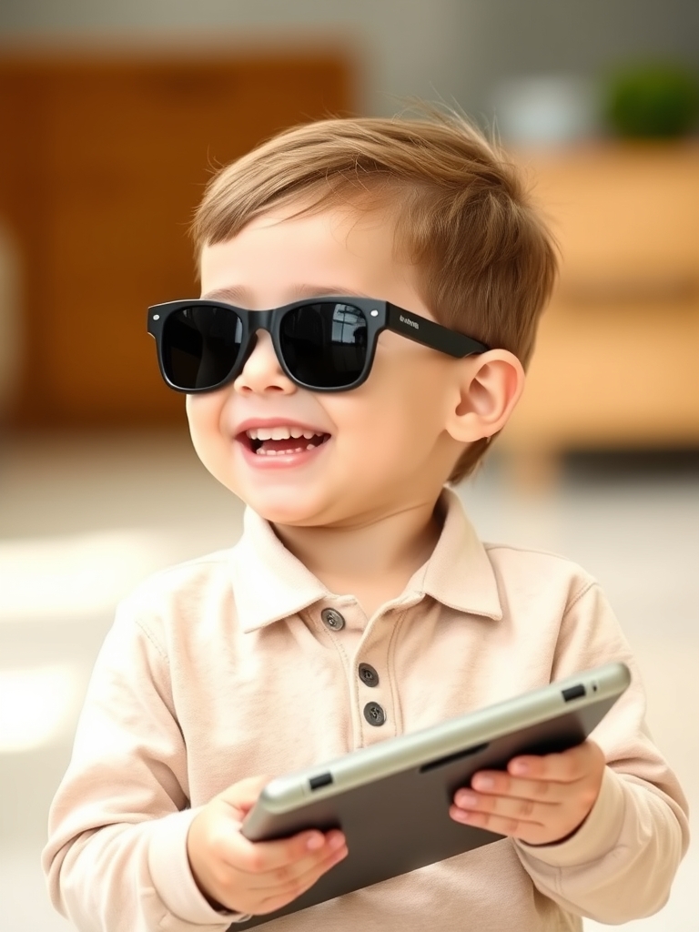 یک بچه تبل کوچولو با یک عینک دودی که داره میخنده3