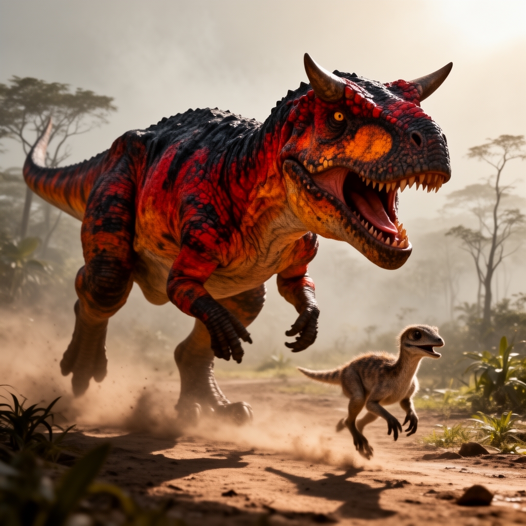 یک کارنوتاروس با پوست سفت و زبر با رنگ قرمز و نارنجی و سیاه و دوشاخ درست بالای چشماش درحال شکار کردن یک دایناسور کوچک1