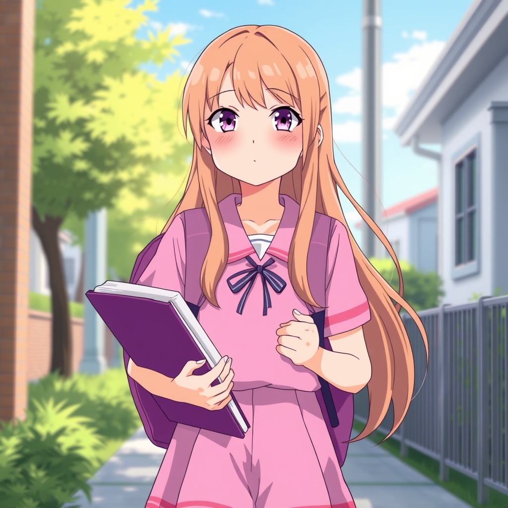 یک دختر مو بلند ۱۱ ساله با لباس مدرسه آمریکایی صورتی و دختر در دست هایش کتاب باشد و دختر در حال برگشتن از مدرسه با کیف بنفش یاسی 22