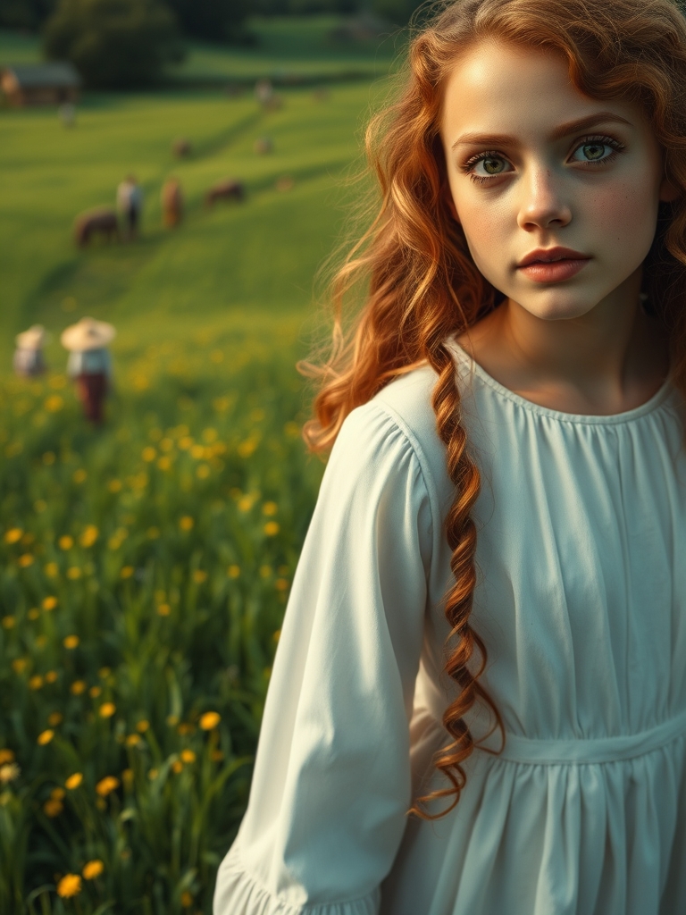 یک دشت خیلی سرسبز و زیبا که کمی دورتر چند خانوم و آقا با لباس های خاکی و روستایی با کلاه های حصیری در دشت پخش شدند و درحال کارکردن روی زمین هستند و یک دختر لاغر خیلی زیبا با موهای فرفری خیلی بلند خرمایی و چشمان عسلی و موژه های بلند و پوست گندمی که روی گونه هاش کک و مک و لباس سفید بلند و آستین های بلند پوشیده و تصویر از نزدیک باشد21