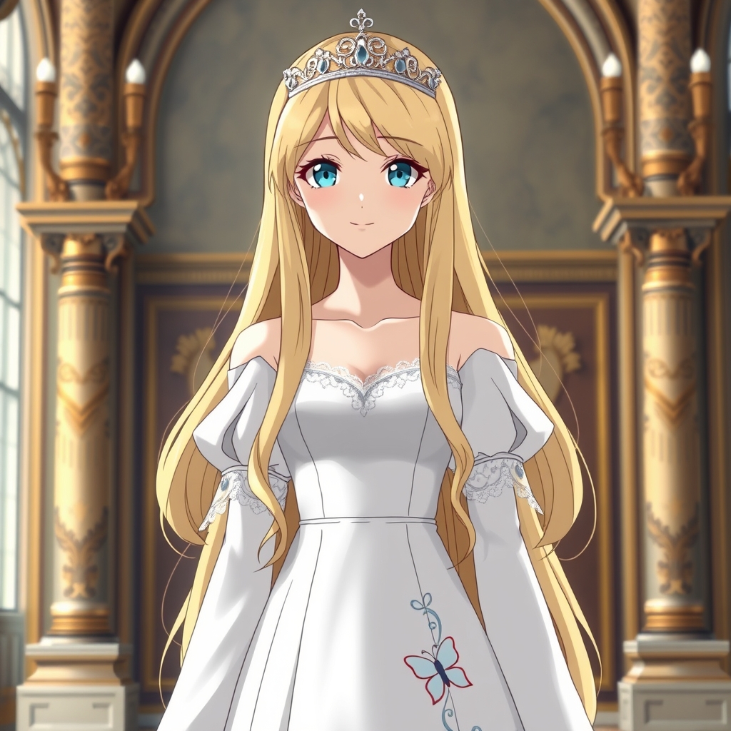دختری با موهای بلوند بلند که ملکه است و لباس ساده و بلند پوشیده به رنگ سفید و از کمر به پایین لباس  از هر دو طرف روی پارچه توری بلند دارد چشمهای دختر آبی و لبهای صورتی دارد لباسش به طرز ملیحی زیباست و تاج نقره ای زیبایی دارد لباس دختر آستین های زیبایی دارد دختر خیلی زیباست و در چهره اش  مهربانی موج می‌زند و در قصر خودش است در روی لباسش قسمت پایین پروانه ای کوچک و با نشان سلطنتی روی بالش حک شده   5