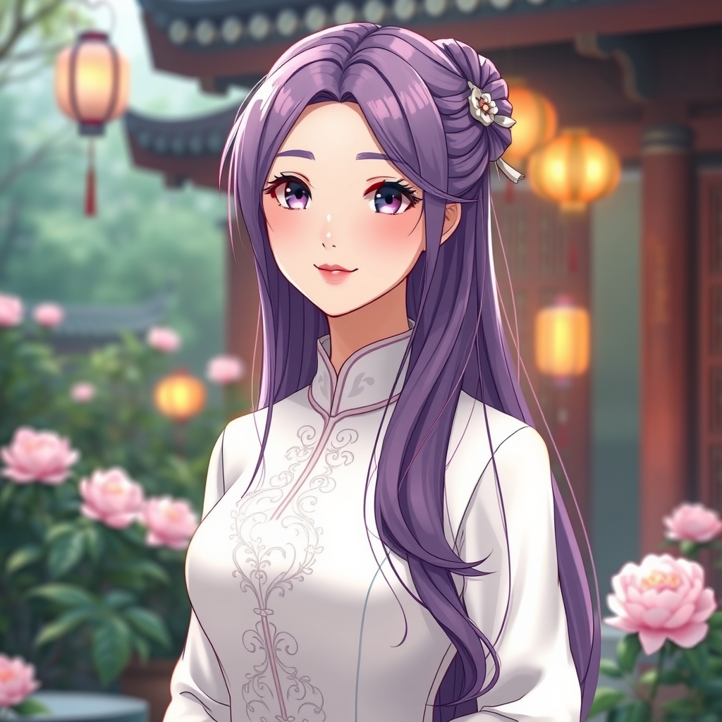 دختری بسیار زیبا با مو های بنفش و لباس  زیبا چینی به رنگ سفید برگرفته از کار ت ن نژا0
