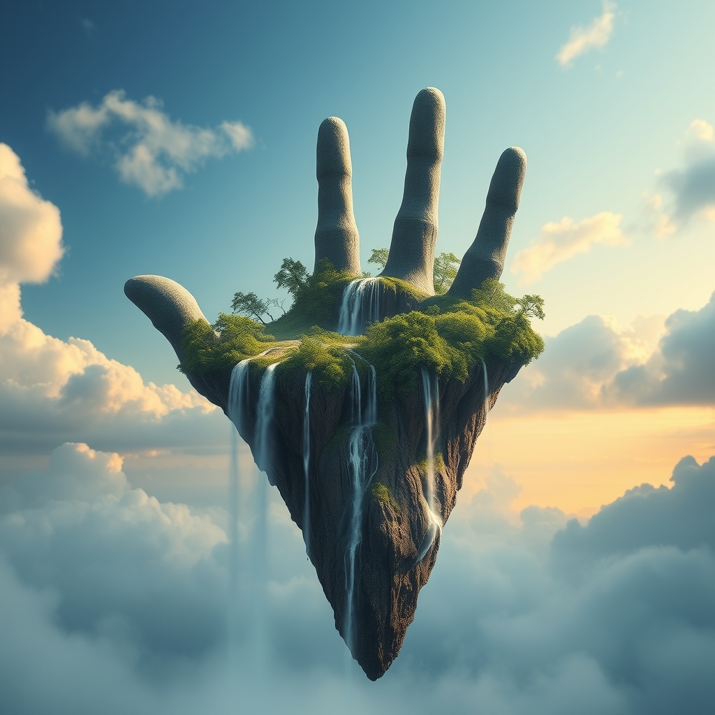 یک جزیره شناور سورئال به شکل دست، با آبشارهایی که از انگشتان جاری می‌شوند.0