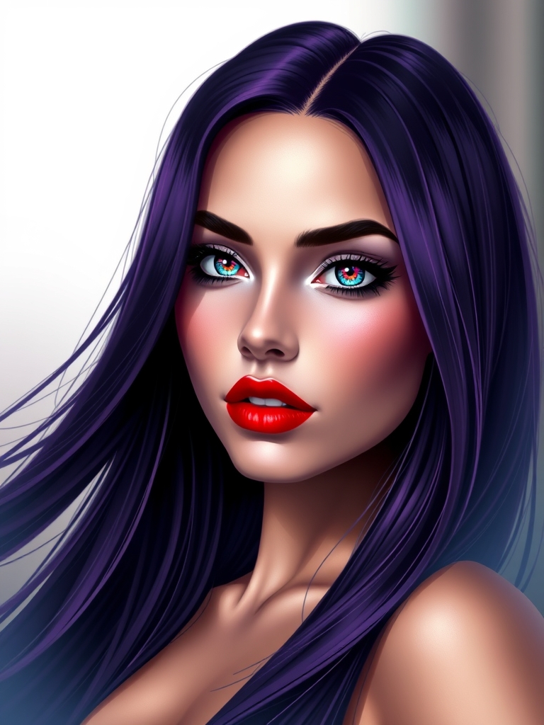 یک زن زیبا با موهای بلند صاف و شلاقی بنفش تیره و چشم رنگارنگ و لب گرد و قرمز21
