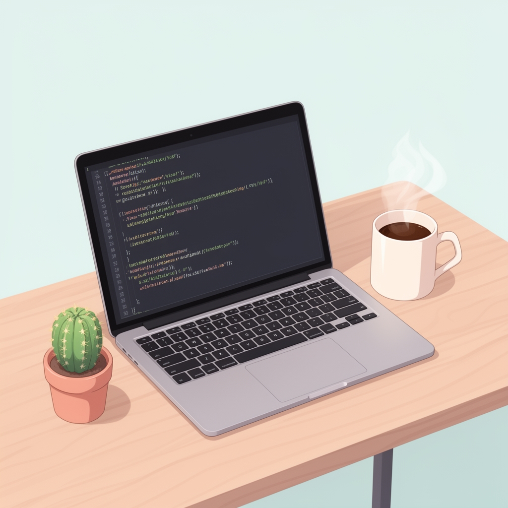 تصویرسازی تخت (Flat Illustration) از یک میز کار برنامه نویس، لپ‌تاپ، قهوه، گیاه کاکتوس، کدها روی صفحه مانیتور، رنگ‌های پاستلی.0