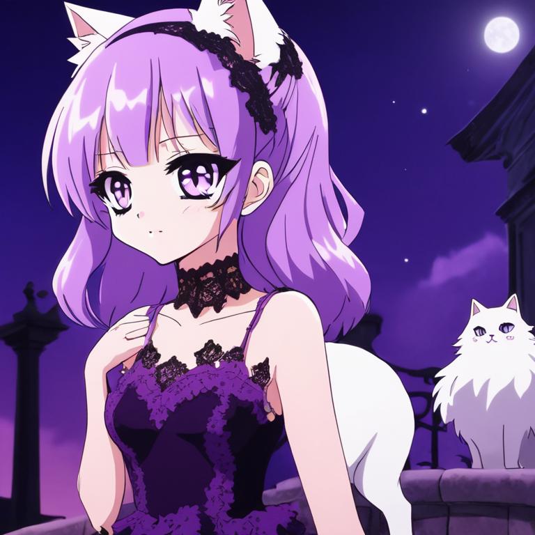 عکس یک دختر انیمه ای خیلی زیبا و قد بلند با لباسی بنفش و مشکی توری و چشمان بنفش در کنار یک گربه ب سفید پشمالو ی بامزه شب16