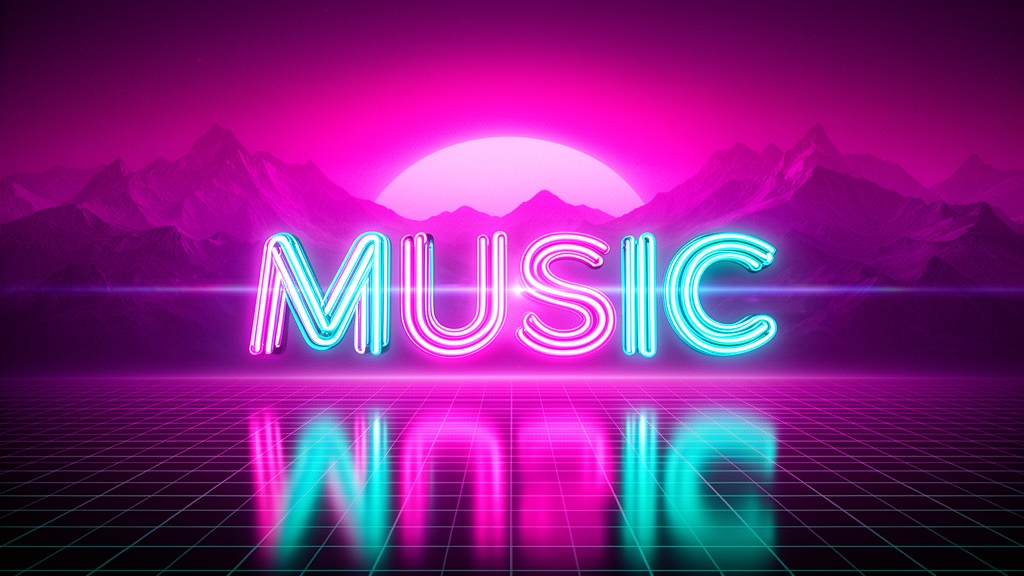 پوستر موسیقی سبک رترو دهه ۸۰ (Synthwave)، خورشید در حال غروب در افق شبکه‌ای، کوه‌های بنفش، نوشته نئونی بزرگ "MUSIC" در مرکز.5