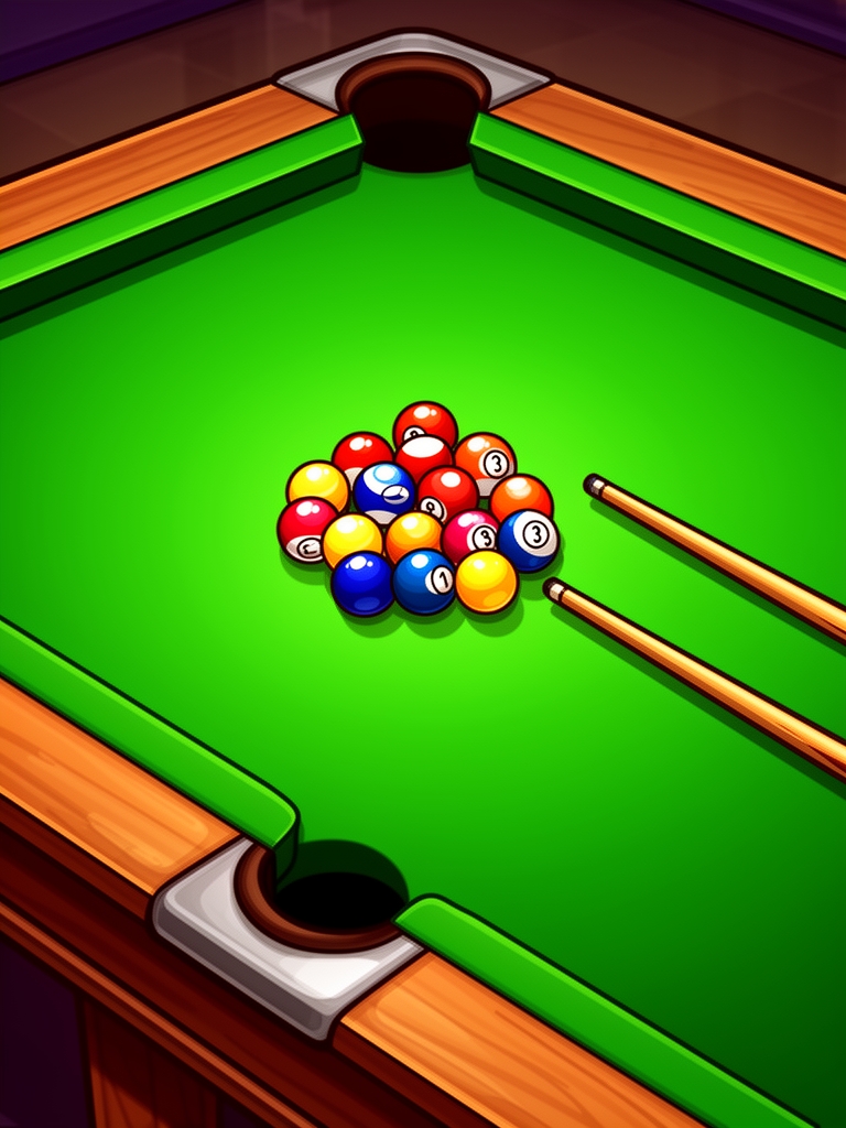 یه عکس برام بساز که یه میز بیلیارد باشه کلی توپ وسطش باشه و شبیه کارتونی بسازش عنی حالت انیمیشنی داشته باشه و چوب بیلیارد هم کنار توپها روی میز باشه1