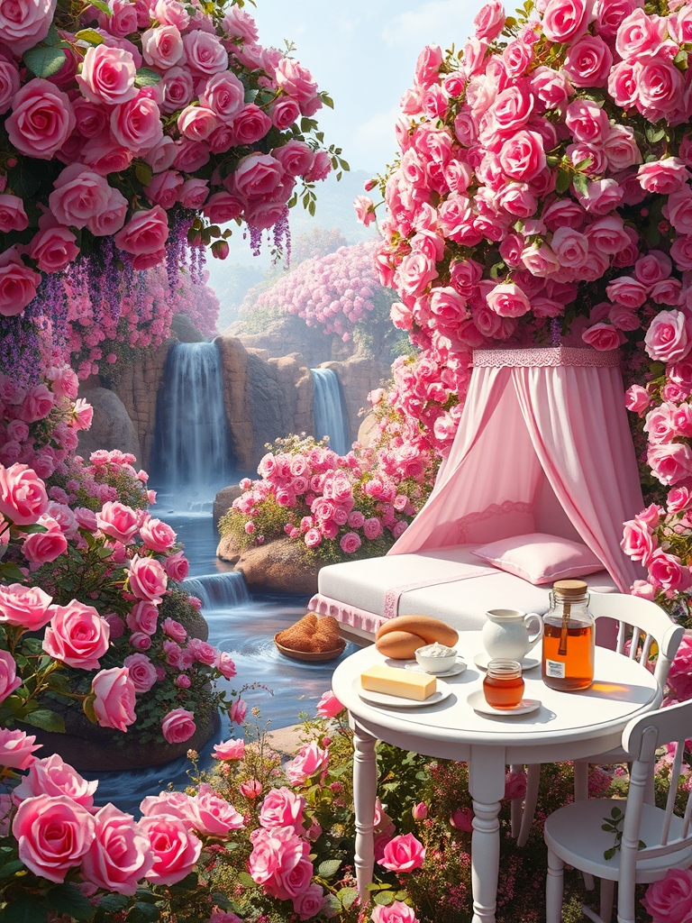 باغ گل رز صورتی در و دیوار زمین همه جا سرتاپای باغ با رز صورتی پوشیده شده 
آبشاران جاری اند
رودها به هم می ریزند
یک خیمه تورباف صورتی 
یک تخت خواب سفید ساده دخترانه 
یک میز سفید ساده صبحانه 
پر نان کره خامه عسل مربا شیر میوه 5