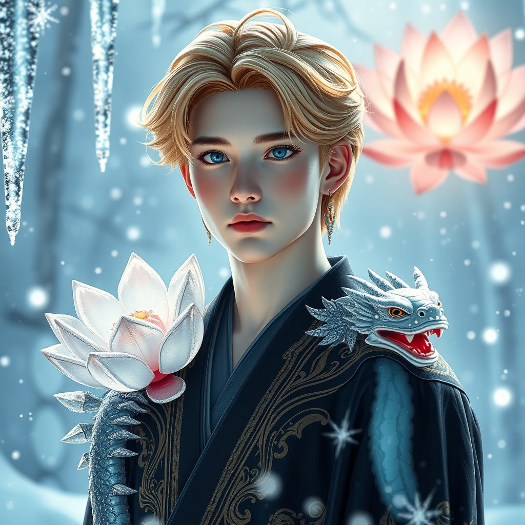 🌟مرد جوان زیبا ترین جهان همینطور در هوش مصنوعی رویایی که شکوه خدا را داشته باشد که نظیر آن در دنیا نباشد با موهای نچندان بلند و نچندان کوتاه زرد براق و باچشم های کریستالی که مردمک دریا باشد و با پوستی سفید همرنگ برف با گونه قرمز لبی سرخ با لباس سلطنتی مشکی طلایی اکلیری خیلی و با گوشواره و اژدهای بزرگ کریستالی در کنارش
زیبا 🧊 یخ❄برف🔮گویه برفی🪷شکوفه بزرگ🫧هاباب.بزرگ 4