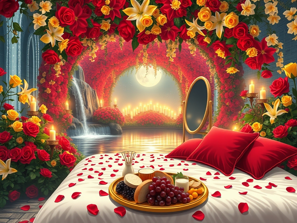 باغ بزرگ و افسانه ای پر گل سرخ لی لی یم زرد و سفید و اطلسی و شب بو
دورادور آبشارها روان به داخل برکه می ریزند وسط برکه زیر تونل افراشته از گل سرخ  و تونل روشن از هزاران شمع 
یک تشک گرم و نرم سفید با کوسن های قرمز پر شده با گلبرگ های سرخ دیده می شود
و سینی گرد و طلایی پر نان کره خامه عسل میوه و شیر و شیر برنج خوشه انگور سرخ سیاه زرد نزدیک تشک ست و
یک آینه تمام قد بلند از طلا کمی دورتر ایستاده16